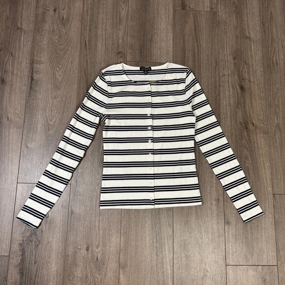 J.Crew Fine Rib Knit Cardigan Womens M White Blue Stripe Button Front Slim Fit - Picture 3 of 7